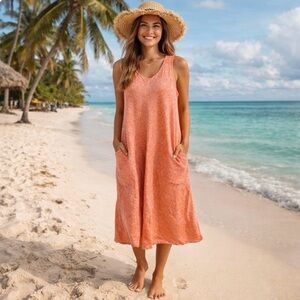 Lands’ End Linen Shift Dress with Pockets sz LT Vacation Beach Lagenlook Preppy